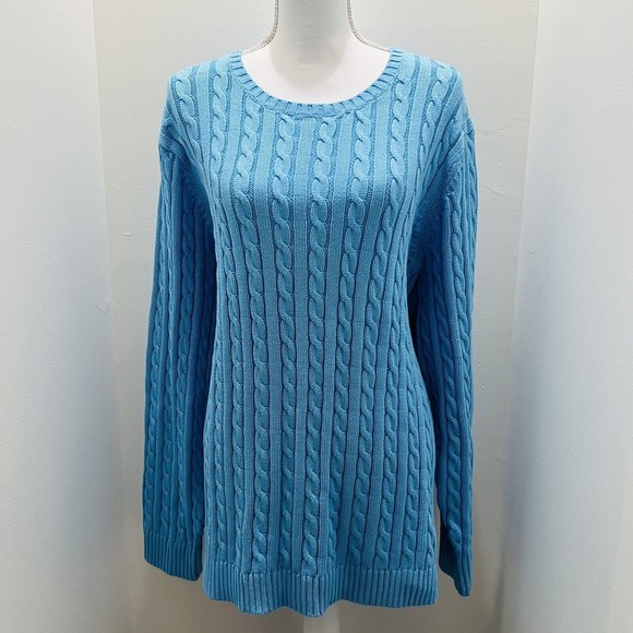 L.L.BEAN Sweaters - L.L.BEAN %100 Cotton 3X Pastel Blue Cable-Knit Sweater Plus